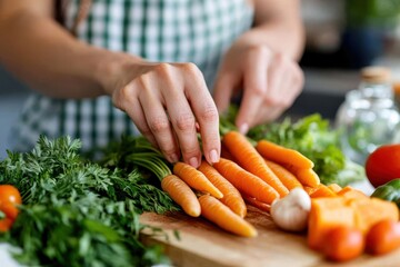 A person delicately handles carrots surrounded by fresh vegetables on a wooden board, representing healthy eating and thoughtful cooking in an organic environment.