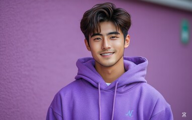 Fototapeta premium man smiling with sweatshirt in color background