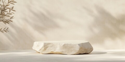 Beige rock podium displays product. Natural light casts soft shadows on pale beige surface. Delicate shadows of leaves create serene ambiance. Ideal for eco-friendly products. Natural setting creates