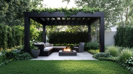 Modern backyard patio with pergola, fire pit, and seating.
