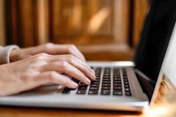 A detailed close-up shows a person's hands proficiently typing on a laptop keyboard, symbolizing connectivity, technology, and digital communication.