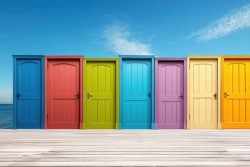 Six brightly painted doors are neatly lined up along a wooden deck, set against a stunning blue ocean horizon, depicting color and possibility.