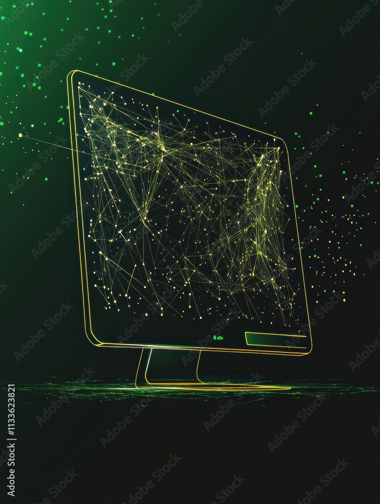 Poster A glowing network grid with a monitor icon in green text illustrates the theme of digital support and global connectivity in a dark environment. Generative AI