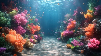 Fototapeta premium Vibrant coral reef, colorful fish, sandy seabed.