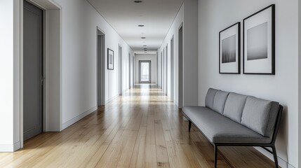 Fototapeta premium Serene minimalist hallway design gray couch against a white wall creating a spacious and inviting atmosphere