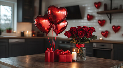 Red heart-shaped balloons, gift boxes, a bouquet of red roses, and a lit candle on a kitchen table with Valentine Day decorations. Romantic celebration. Design for greeting cards, invitations, posters