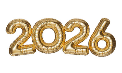 2026. The inscription in the form of gold balloons. 3D illustration of inflated letters on a transparent background.
