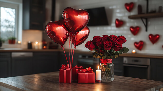 Red heart-shaped balloons, gift boxes, a bouquet of red roses, and a lit candle on a kitchen table with Valentine Day decorations. Romantic celebration. Design for greeting cards, invitations, posters