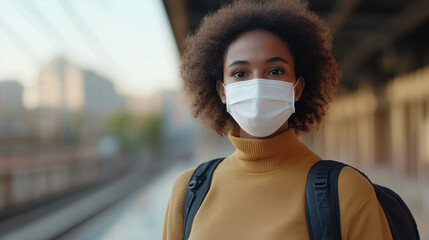 woman wearing face mask stands at train station, looking directly at camera. Her curly hair and warm sweater create cozy atmosphere..