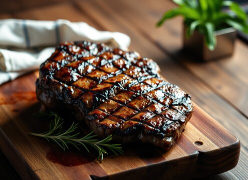 steak on a wooden cutting board with rosemary sprigs surrounded by cloth and houseplant the table looks juicy succulent golden-brown crust center adds fragrant aroma to dish making it perfect mea