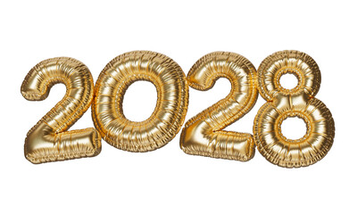 2028. The inscription in the form of gold balloons. 3D illustration of inflated letters on a transparent background.