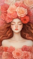 Naklejka premium A serene portrait of a woman adorned with rose petals.