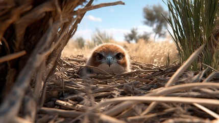 Fototapeta premium Young falcon chick observes surroundings from its nest in a grassy field during daylight hours