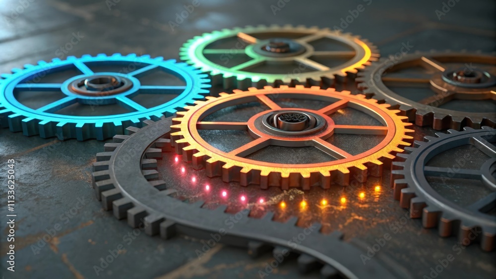 Poster colorful interlocking gears rotating together, symbolizing seamless integration, collaboration, and 