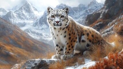Fototapeta premium Snow leopard perched on rocks, snowy mountains.