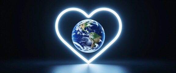Naklejka premium Glowing Heart Surrounding Earth Symbolizing Global Love Against Dark Background