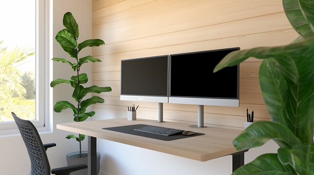 A modern workspace featuring dual monitors, a sleek desk, and lush indoor plants, promoting a productive and aesthetic environment.