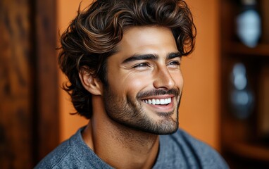 Obraz premium man smiling with sweatshirt in color background
