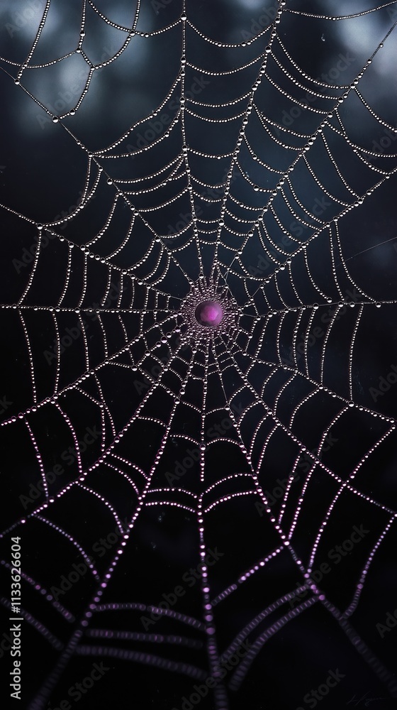 Aufkleber intricate spider web design with water droplets. delicate structure glows with subtle purple hues. d
