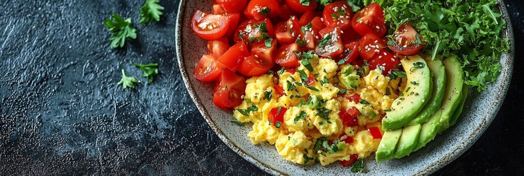 Glutenfree breakfast a portion of scrambled eggs avocado slices and glutenfree toast styled on a clean white plate with fresh herbs