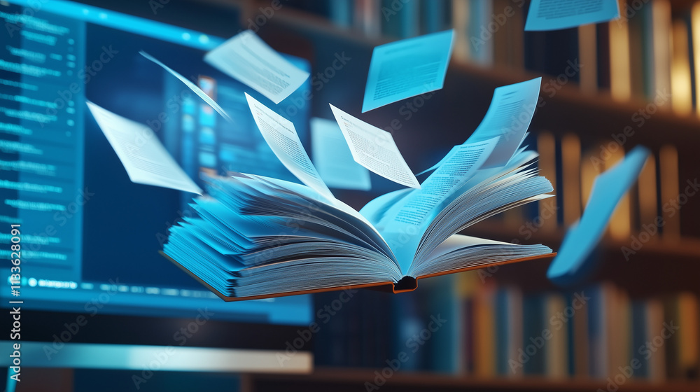 Poster a levitating book with pages digitally flowing into a computer screen, surrounded by a bookshelf. re