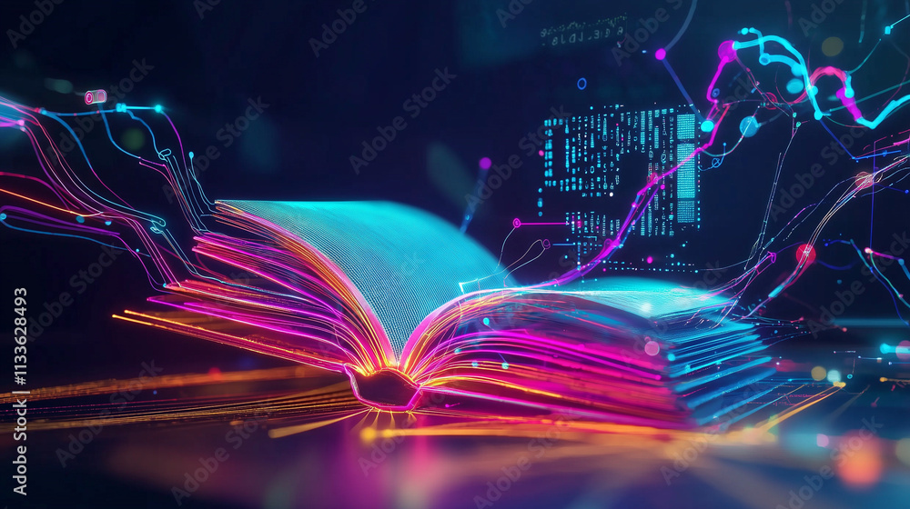 Poster an open book glows with vibrant neon lines and digital particles, symbolizing knowledge, technology,