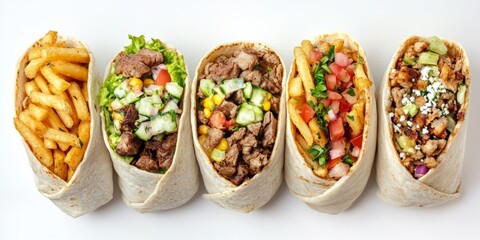 Flavorful burritos filled with fresh ingredients served alongside crispy fries at a vibrant food spot