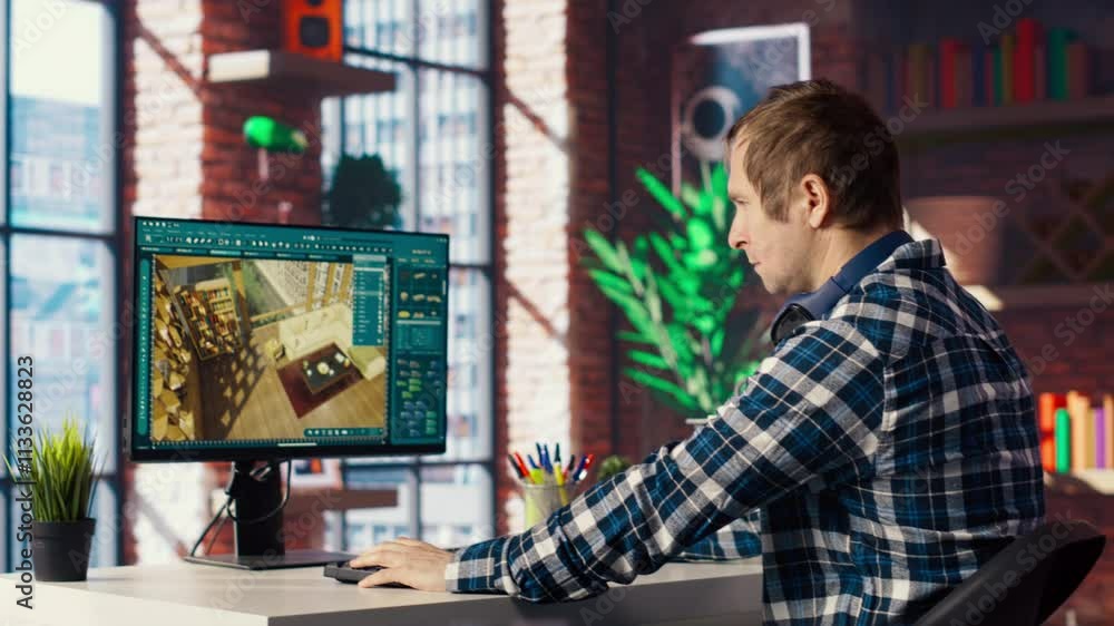 Poster architectural designer in home office moving assets in 3d modeling program, doing interior design pr