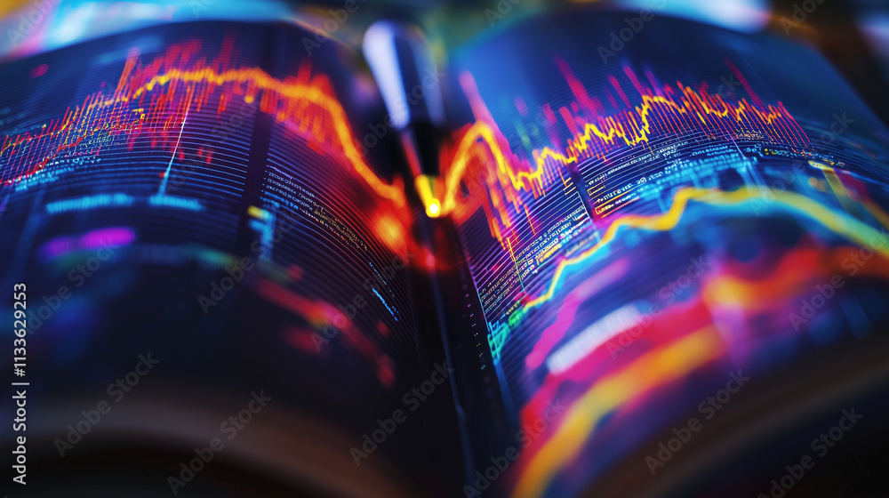 Poster closeup of an open book displaying vibrant, multicolored financial charts and graphs, illustrating m