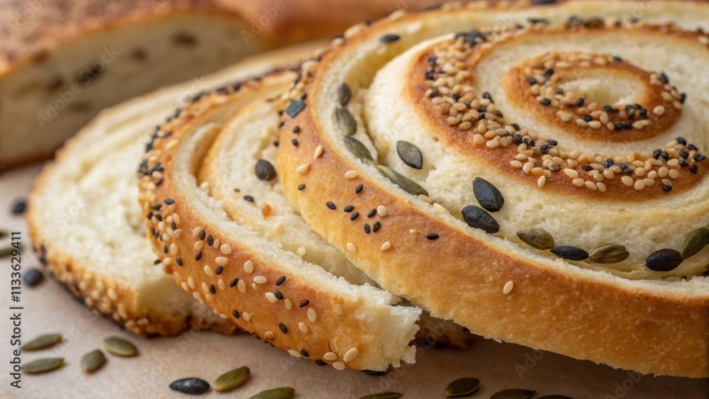 Poster A macro shot captures the twirling patterns created by the spirals of sesame and pumpkin seeds infused in the bread. The delicate texture is accentuated by fine crisp edges