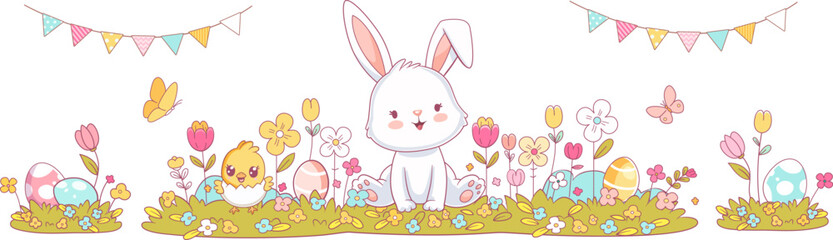 Happy Easter horizontal banner. Spring landscape bunny rabbit, chicken, egg, crocus daisy flower, grass. Springtime nature. Text lettering. Vector illustration background. Greeting card border