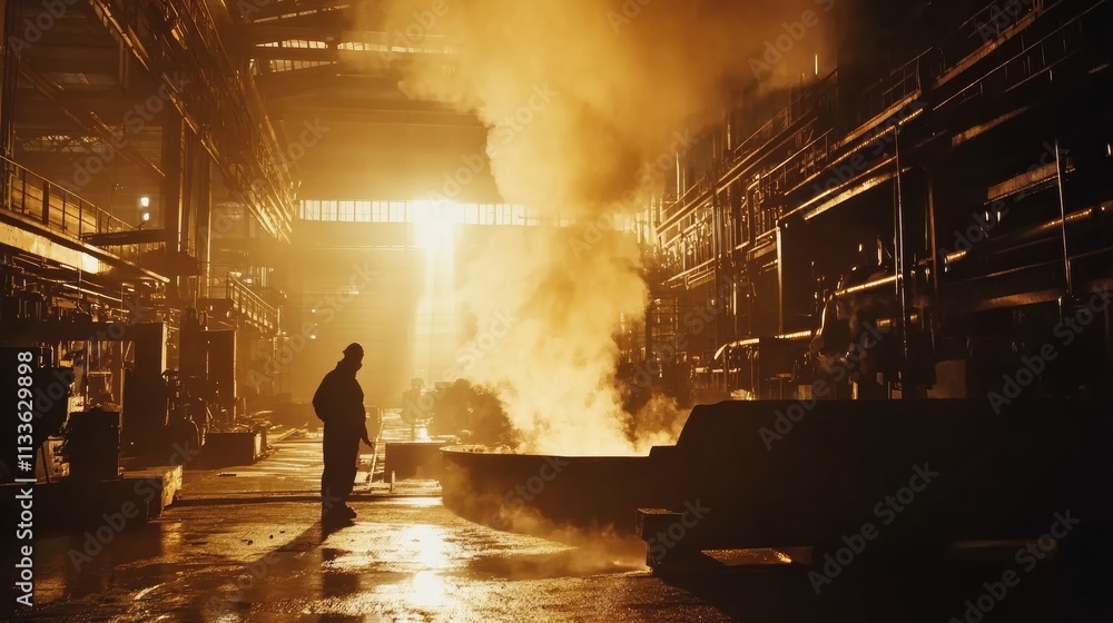 Aufkleber molten metal is being poured into casting molds while flames and sparks erupt from the channel in a 