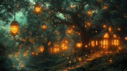 Fototapeta premium Enchanted forest village, glowing lanterns, magical houses.