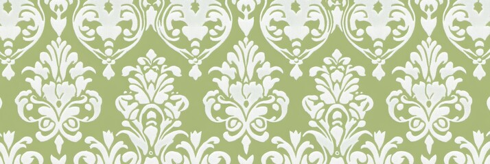 panoramic view of elegant vintage damask pattern in soft green and white for classic interior design and decorative projects