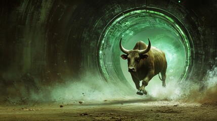 A strong bull emerges from a vibrant green portal in the midst of a futuristic desert. The combination of natural power and surreal technology creates a striking contrast of strength and otherworldly
