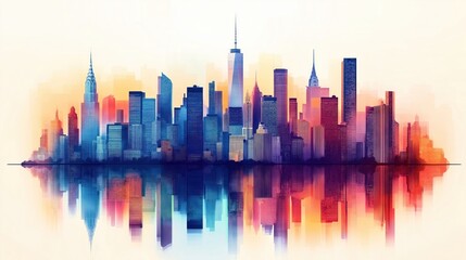 Obraz premium Colorful city skyline panorama shows modern buildings reflected in water. Urban landscape looks vibrant with reflections. Image suitable for city concepts, architectural designs. Metropolitan