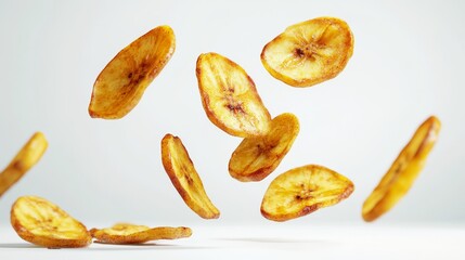 A collection of banana chips captured in mid-air against a plain white background, showcasing food in motion with a focus on snack foods and their crisp texture.. AI Generation