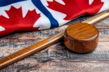 Wooden curling stone and broom on a rustic surface with a Canadian flag in the background during winter sports season