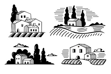 Fototapeta premium set of engraving style landscapes with houses