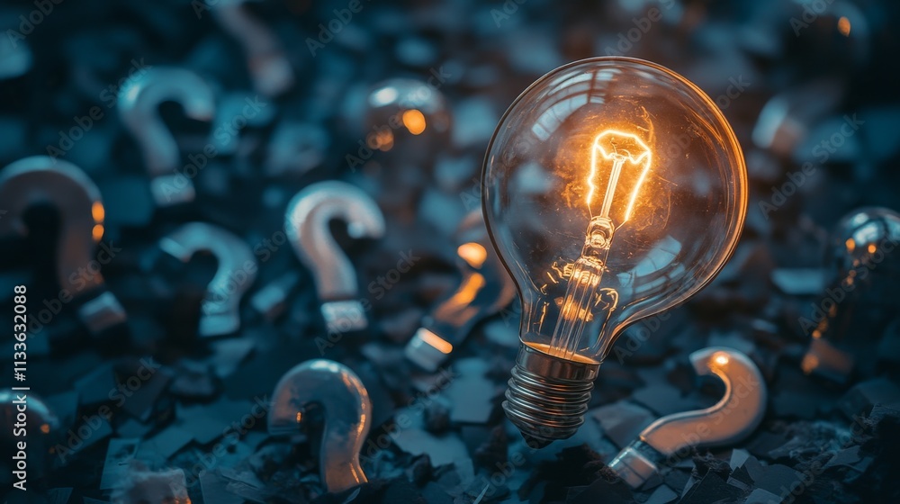 Poster a glowing light bulb stands out amidst numerous question marks, representing ideas, problem-solving,