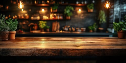 Dark kitchen interior with wooden table. Soft lighting highlights plants in terracotta pots on table. Blurred background shows dark cabinets, shelves. Rustic style. Cozy atmosphere. Ideal for food