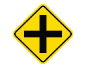 Crossroad Ahead Warning Sign Featuring a Yellow Diamond Shape with a Black Cross, Indicating an Upcoming Intersection, Available as a Vector File