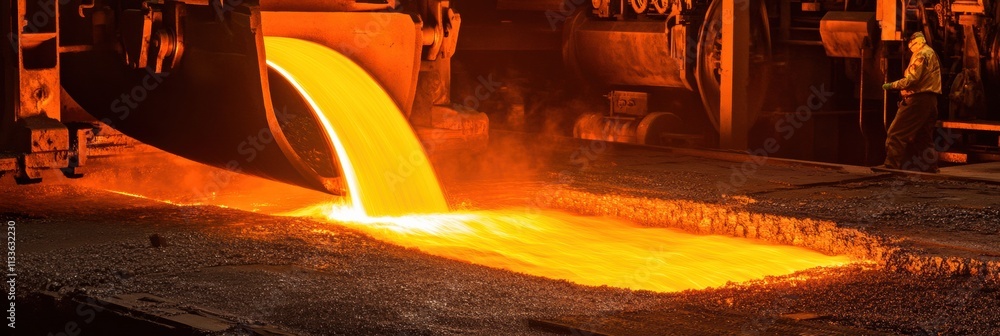 Poster Molten metal is poured into casting molds, creating flames and sparks in a busy industrial hall filled with activity. Generative AI