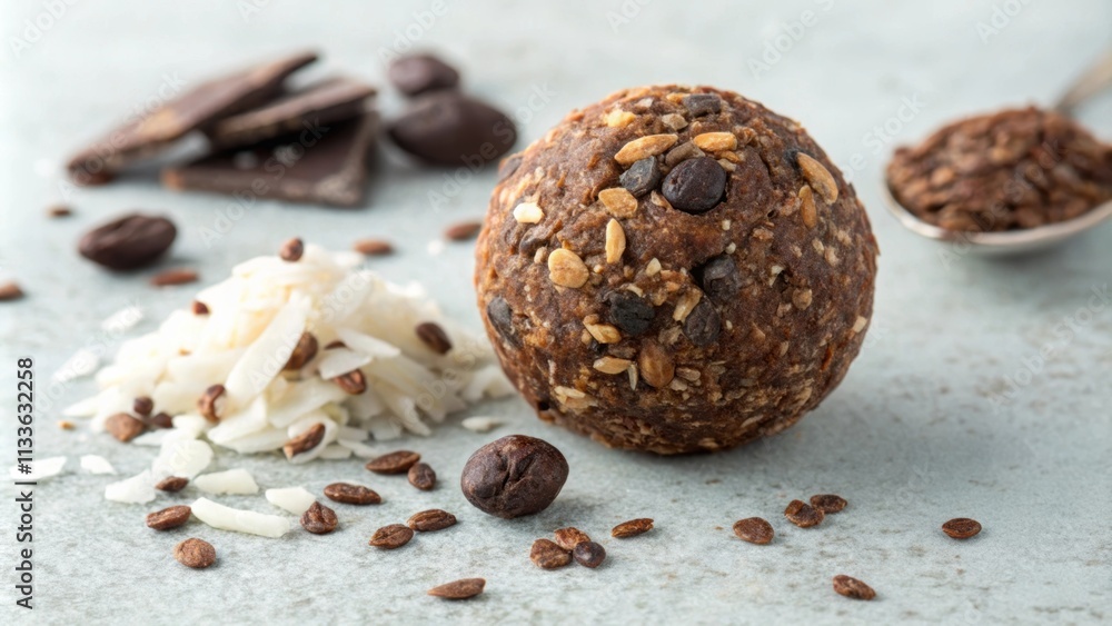 Poster Tightly packed and rich in texture the energy ball exhibits an array of ingredients with cacao nibs and flaxseed clearly visible on its rough surface. The ball sits on a