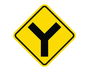 Y Intersection Ahead Warning Sign Featuring a Yellow Diamond Shape with Black Y Symbol, Indicating an Upcoming Y Intersection, Available as a Vector File