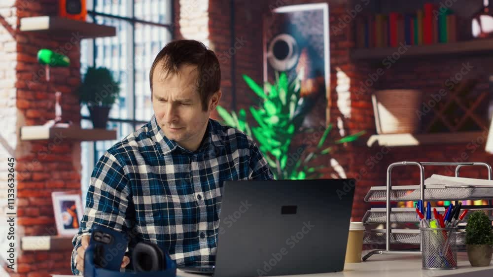 Aufkleber man seated at home office desk using laptop, answering phone call while checking emails displayed on