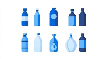 41.Series of blue water bottle icons in flat vector style, showcasing diverse shapes and sizes, each bottle with smooth lines and minimalistic detailing on a plain white background.
