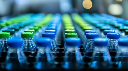 22.Rows of bottles with colorful blue and green caps on a production line in a water bottling plant, capturing the efficiency and scale of mass production.