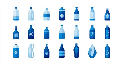 Fototapeta premium 38.Collection of flat, blue water bottle icons in various styles, including tall and short bottle shapes, each icon with simple details and clean lines on a white background.
