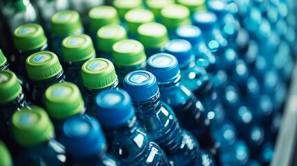 21.Selective focus on stacks of blue and green caps atop bottled beverages in a supermarket aisle, emphasizing the clean organization and vibrant colors.